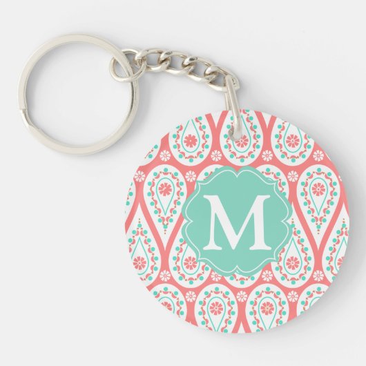 Modern Elegant Damask Coral Paisley Personalized Sleutelhanger (Voorkant)