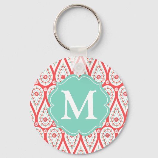 Modern Elegant Damask Coral Paisley Personalized Sleutelhanger (Voorkant)