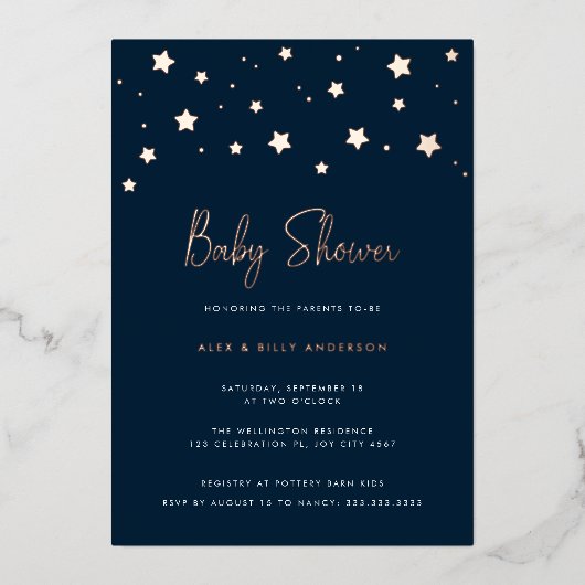 Modern Elegant Dark Blue Stars Baby shower Folie Uitnodiging (Voorkant)