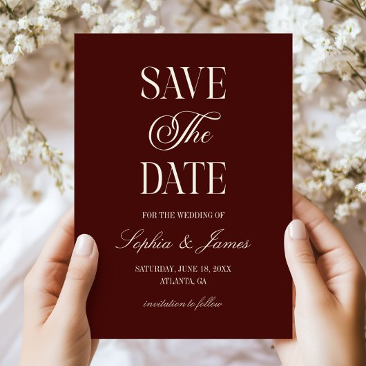 Modern Elegant Dark Burgundy Ivory Wedding Save The Date