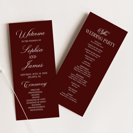 Modern Elegant Dark Burgundy Wedding Programmakaart