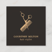 Modern Elegant Dark Faux Gold Scissor Comb Vierkante Visitekaartje (Voorkant)