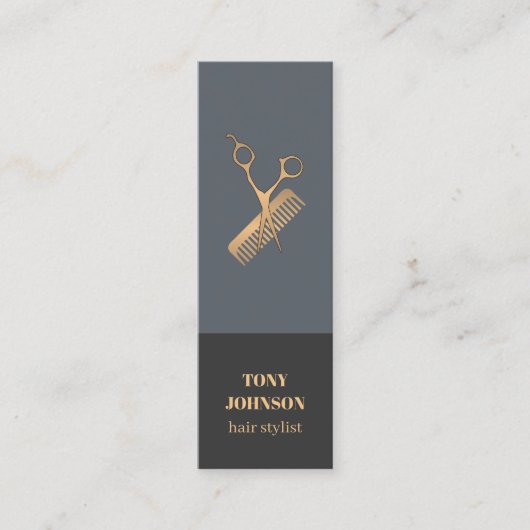 Modern Elegant Dark Faux Gold Scissors Comb Mini Visitekaartje (Voorkant)