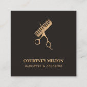 Modern Elegant Dark Faux Gold Scissors Comb Vierkante Visitekaartje (Voorkant)