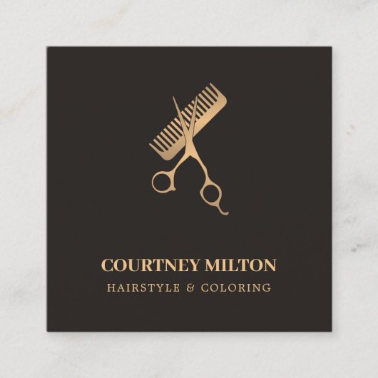 Modern Elegant Dark Faux Gold Scissors Comb Vierkante Visitekaartje (Voorkant)