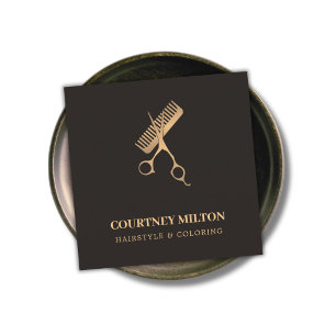 Modern Elegant Dark Faux Gold Scissors Comb Vierkante Visitekaartje