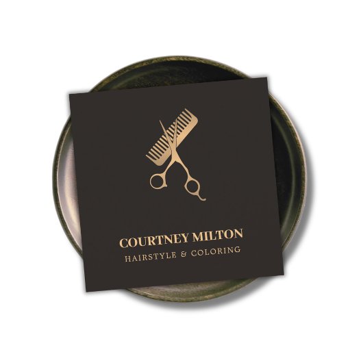 Modern Elegant Dark Faux Gold Scissors Comb Vierkante Visitekaartje