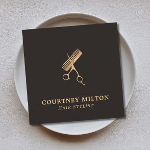 Modern Elegant Dark Faux Gold Scissors Comb Vierkante Visitekaartje