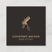 Modern Elegant Dark Faux Gold Scissors Comb Vierkante Visitekaartje (Voorkant)
