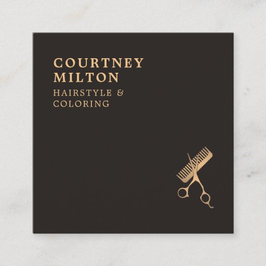 Modern Elegant Dark Faux Gold Scissors Comb Vierkante Visitekaartje (Voorkant)