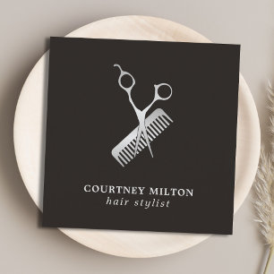 Modern Elegant Dark Faux Silver Scissor Comb Vierkante Visitekaartje