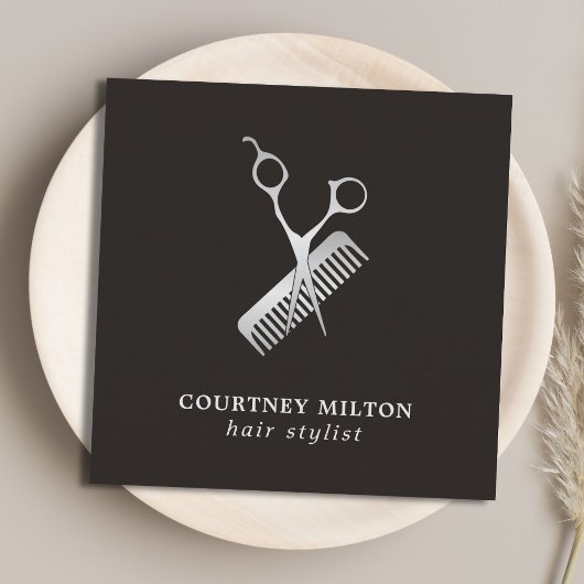 Modern Elegant Dark Faux Silver Scissor Comb Vierkante Visitekaartje
