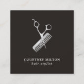 Modern Elegant Dark Faux Silver Scissor Comb Vierkante Visitekaartje (Voorkant)