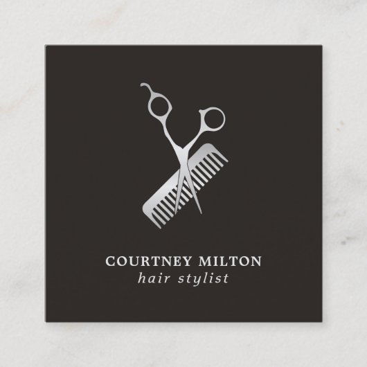 Modern Elegant Dark Faux Silver Scissor Comb Vierkante Visitekaartje (Voorkant)