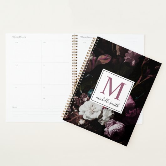 Modern Elegant Dark Floral Monogram script Planner (Display)