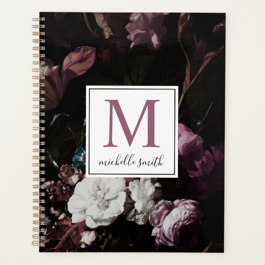 Modern Elegant Dark Floral Monogram script Planner (Voorkant)