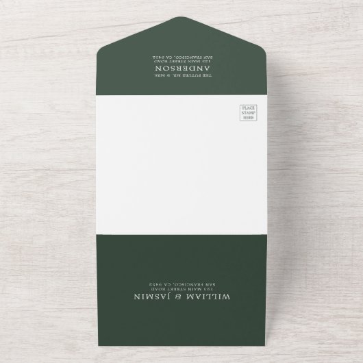 Modern Elegant Dark Green and White Photo Wedding All In One Uitnodiging (Buitenkant)