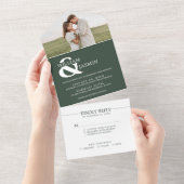 Modern Elegant Dark Green and White Photo Wedding All In One Uitnodiging (Afscheurbaar)
