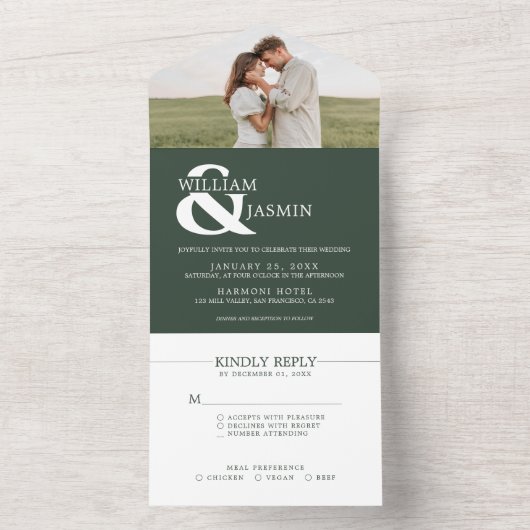 Modern Elegant Dark Green and White Photo Wedding All In One Uitnodiging (Binnen)