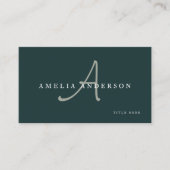 Modern Elegant Dark Green Initial QR Code Visitekaartje (Voorkant)