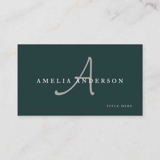 Modern Elegant Dark Green Initial QR Code  Visitekaartje (Voorkant)
