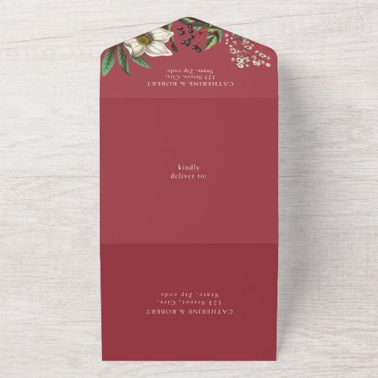 Modern Elegant  Dark Red Roos All In One Uitnodiging (Buitenkant)