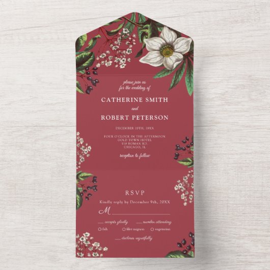 Modern Elegant  Dark Red Roos All In One Uitnodiging (Binnen)