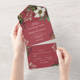 Modern Elegant Dark Red Roos All In One Uitnodiging