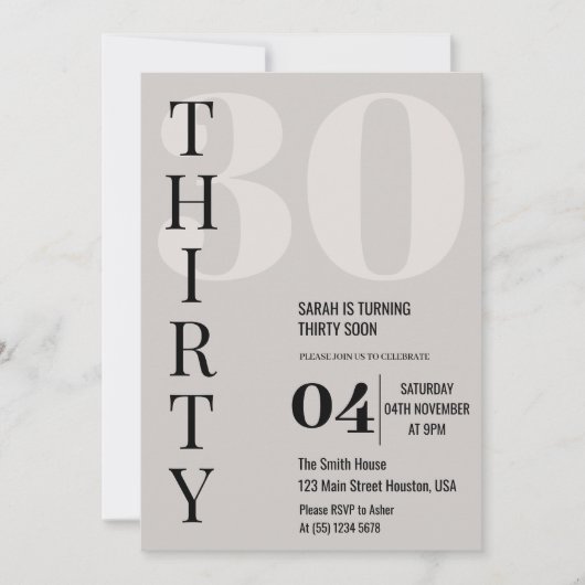 Modern Elegant Dertig 30ste Verjaardagsfeest Kaart (Voorkant)
