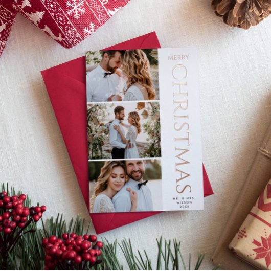 Modern Elegant | Drie Foto's Witte Kerst Folie Feestdagenkaart