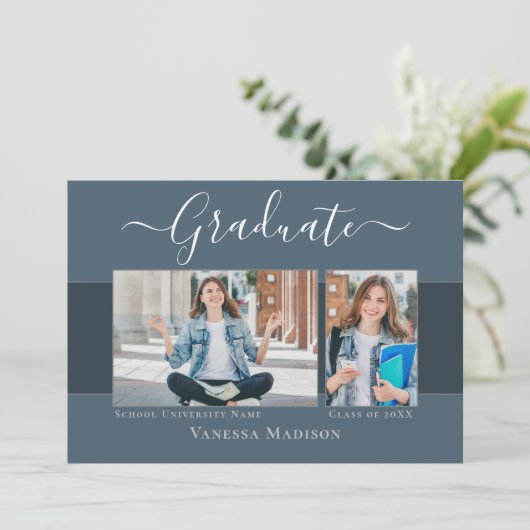 Modern | Elegant Dusty Blue 2 Photo Afstuderen Aankondiging (Staand voorkant)