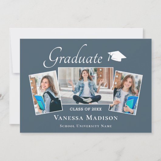 Modern | Elegant Dusty Blue 3 Foto Afstuderen Aankondiging (Voorkant)