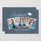 Modern | Elegant Dusty Blue 3 Foto Afstuderen Aankondiging (Voorkant / Achterkant)