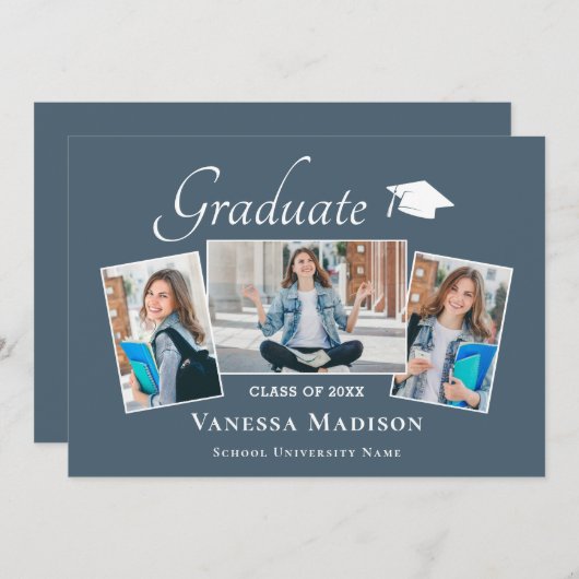 Modern | Elegant Dusty Blue 3 Foto Afstuderen Aankondiging (Voorkant / Achterkant)