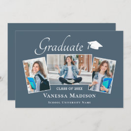 Modern | Elegant Dusty Blue 3 Foto Afstuderen Aankondiging