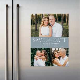 Modern Elegant Dusty Blue 3 Photo Save the Date Magnetische Uitnodiging