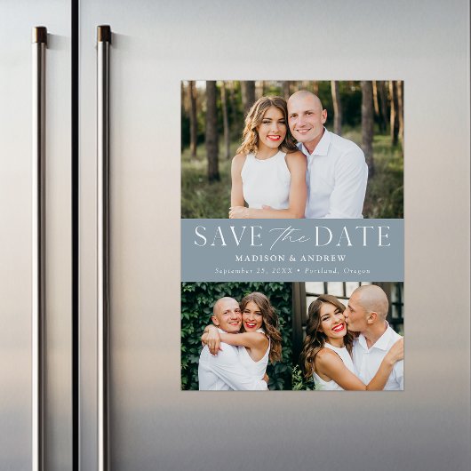 Modern Elegant Dusty Blue 3 Photo Save the Date Magnetische Uitnodiging