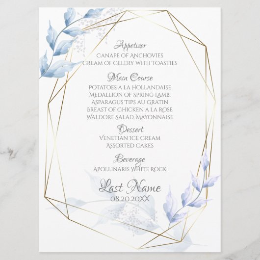 Modern Elegant Dusty Blue Bleek Lila Foliage Menu (Voorkant)