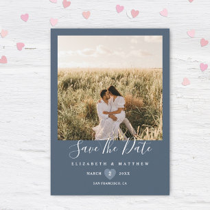 Modern Elegant Dusty Blue Couple Photo Wedding Save The Date