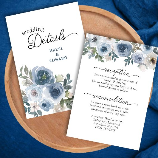 Modern Elegant Dusty Blue Floral Wedding Informatiekaartje