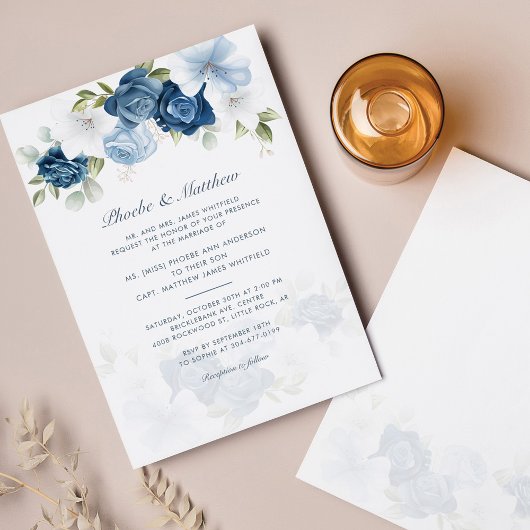 Modern Elegant Dusty Blue Floral Wedding Kaart