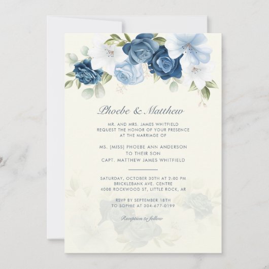 Modern Elegant Dusty Blue Floral Wedding Kaart (Voorkant)