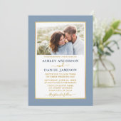 Modern Elegant Dusty Blue Gold Wedding Kaart (Staand voorkant)