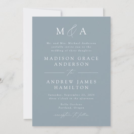 Modern Elegant Dusty Blue Monogram Wedding Kaart (Voorkant)