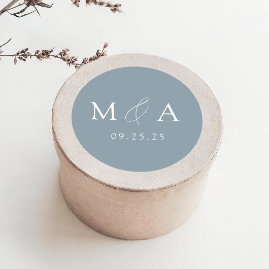 Modern Elegant Dusty Blue Monogram Wedding Ronde Sticker