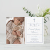 Modern Elegant Dusty Blue Photo Baptism Kaart (Staand voorkant)