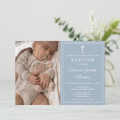 Modern Elegant Dusty Blue Photo Baptism Kaart (Staand voorkant)