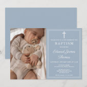 Modern Elegant Dusty Blue Photo Baptism Kaart (Voorkant / Achterkant)