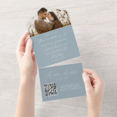 Modern Elegant Dusty Blue Photo Wedding All In One Uitnodiging (Afscheurbaar)