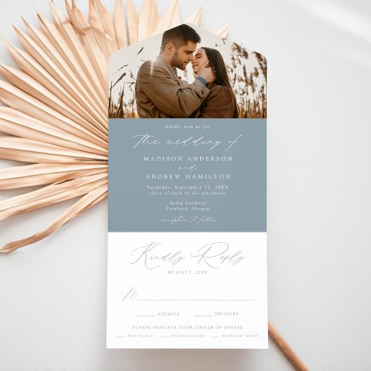 Modern Elegant Dusty Blue Photo Wedding All In One Uitnodiging